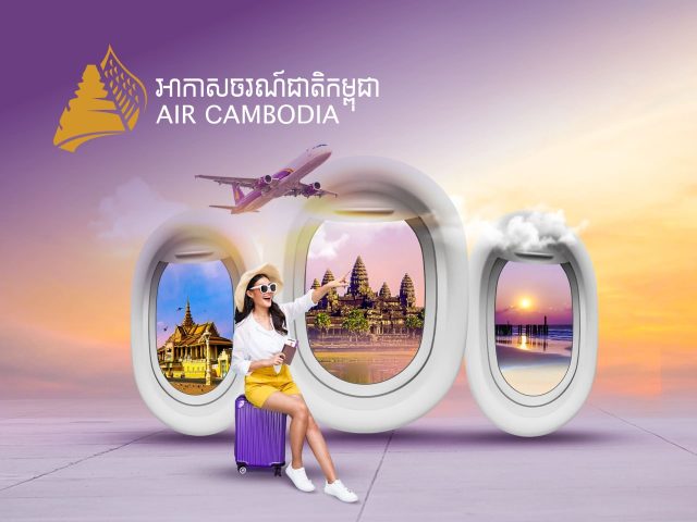 Air Cambodia aircraft flying over Angkor Wat temple at sunset. Book cheap flights to Cambodia for travel deals and savings.