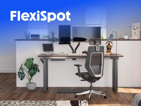 FlexiSpot FlexiSpot standing desk with ergonomic chair setup, perfect for a home office and promoting active sitting. Shop now!