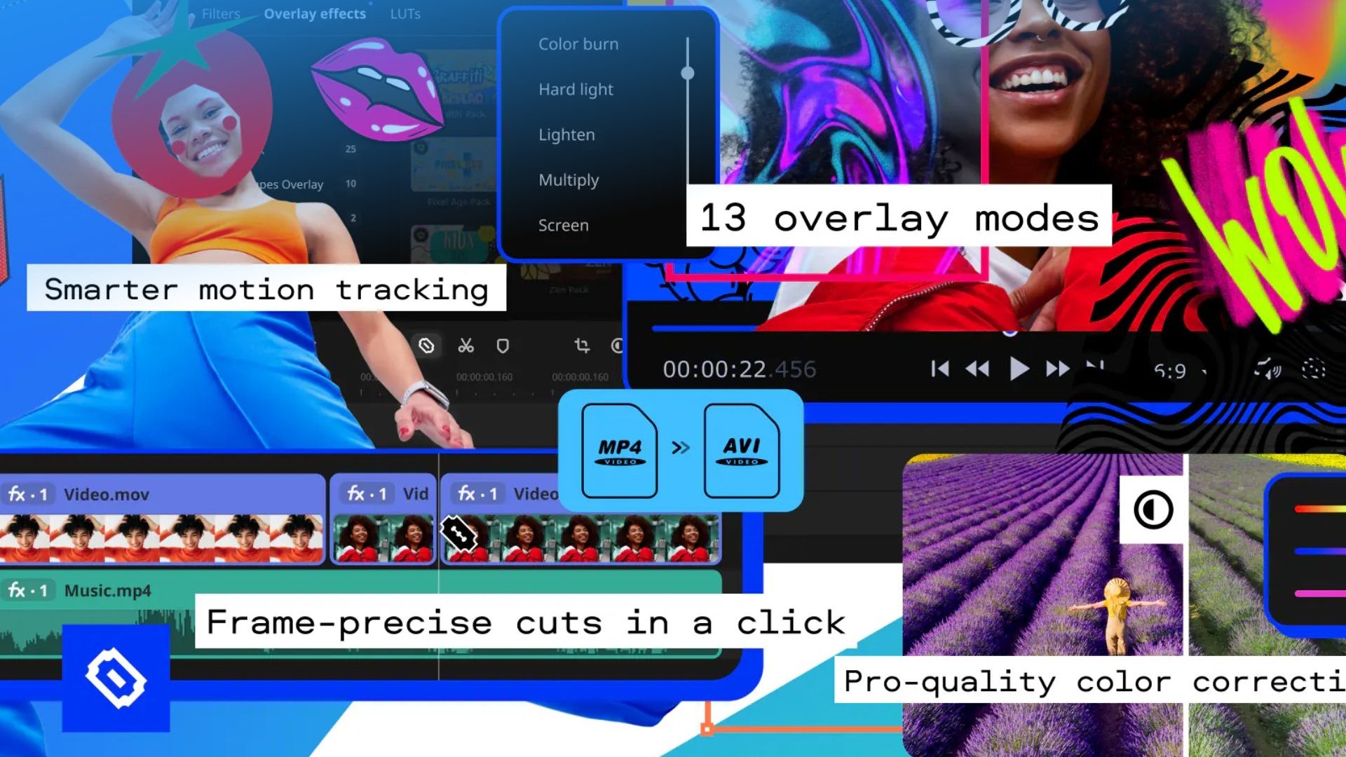 Movavi Video Editor software interface on a desktop screen, showcasing professional video editing tools and features.