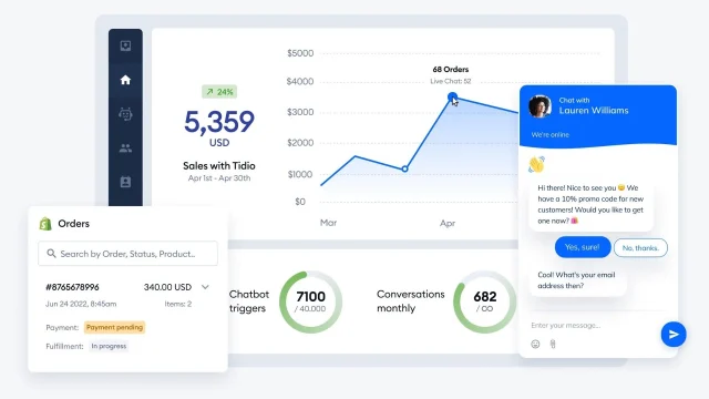Tidio AI customer service software interface displayed on a laptop screen for automated business communication.