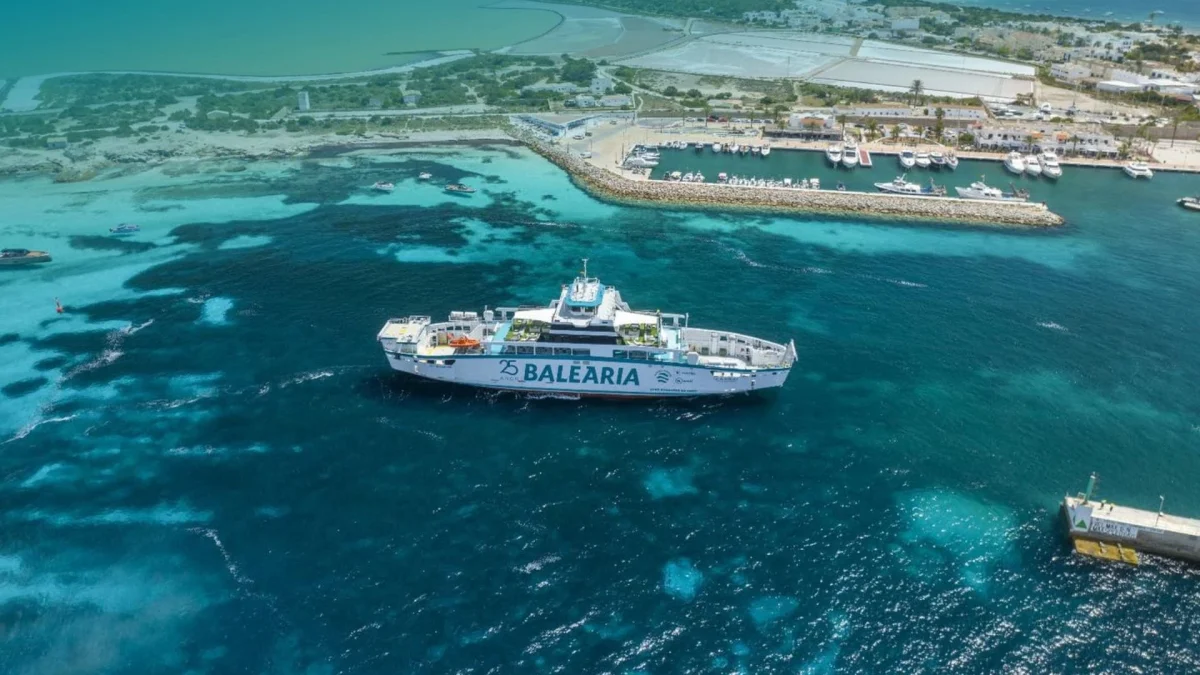 Baleària ferry vessel travelling across the Mediterranean Sea during a sunny day for travel bookings