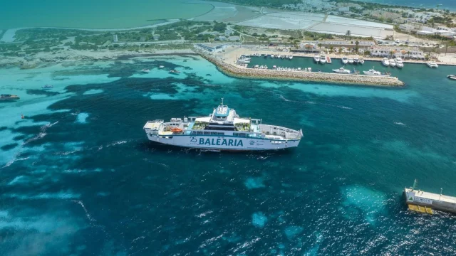 Baleària ferry cruising across the Mediterranean Sea, showcasing modern maritime travel and holiday transport services.