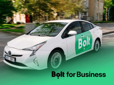 Bolt Business ride-hailing app interface for corporate travel management and professional employee transportation.