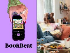 BookBeat audiobook app cover art featuring a person listening to a book on a mobile device. Explore audiobooks & start your free trial today!