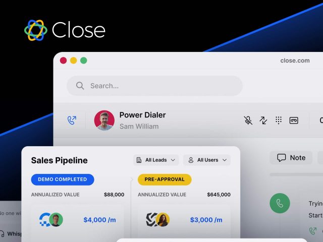Close CRM interface showing sales pipeline and customer data. Track deals, manage leads, and improve sales performance with Close CRM.