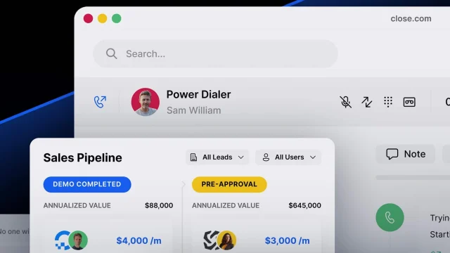 Close CRM dashboard interface showing sales pipeline management and customer relationship tracking tools.
