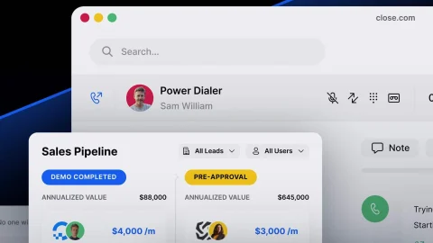 Close CRM dashboard interface showing sales pipeline management and customer relationship tracking tools.