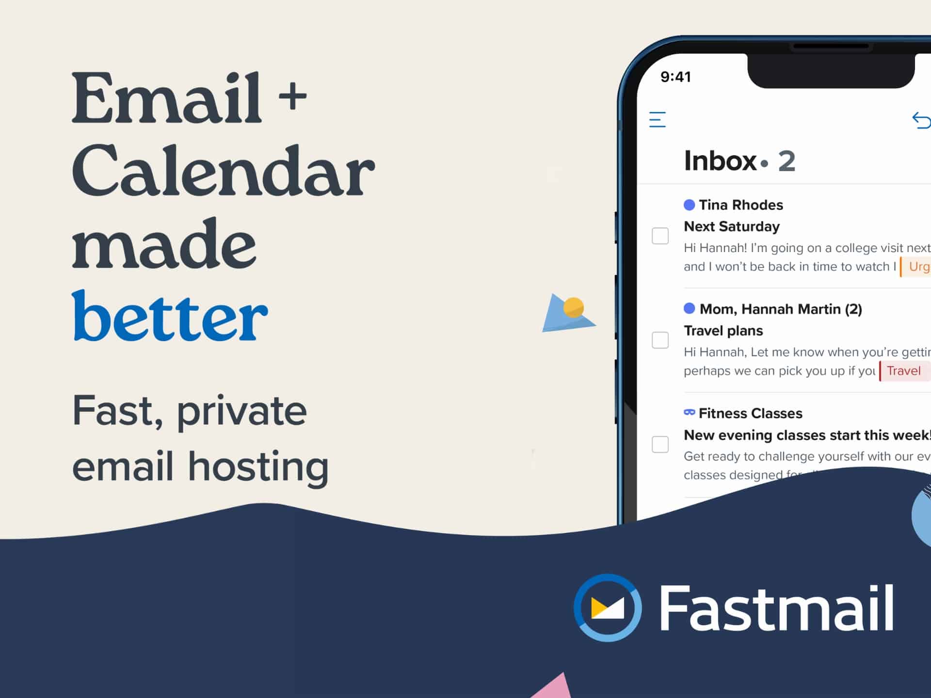 Fastmail email service interface showcasing secure, private, and fast email with custom domain support. Features include inbox, folders, and settings.