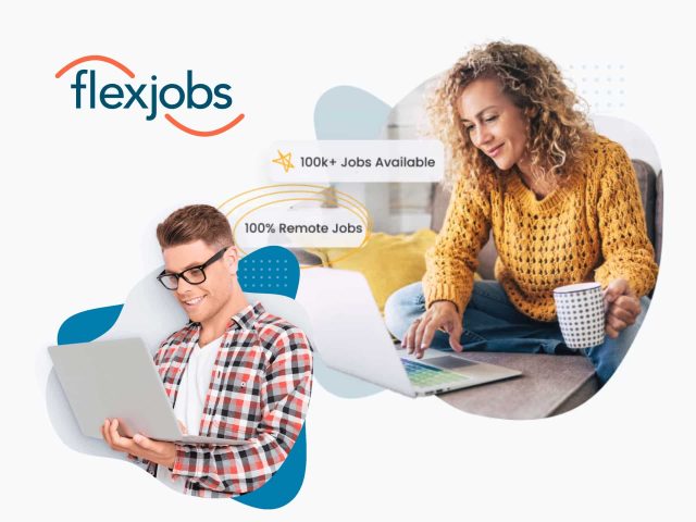 FlexJobs cover photo: Woman working remotely on a laptop, enjoying a flexible work lifestyle and career opportunities.