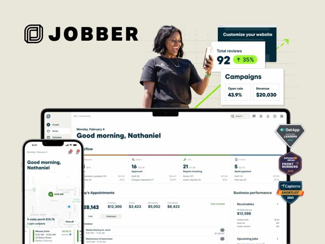 Jobber software cover image: a clean, modern design with the Jobber logo, representing field service management solutions for home services businesses.