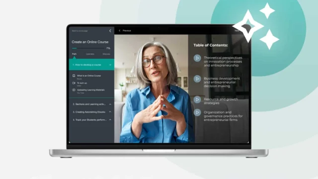 LearnWorlds e-learning platform interface showing online course creation tools and student engagement dashboard.