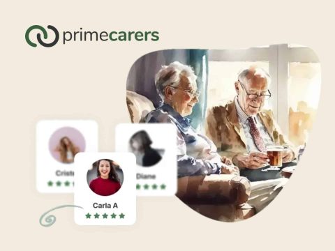 PrimeCarers cover image featuring a senior smiling with a carer, showcasing home care and elderly care services.