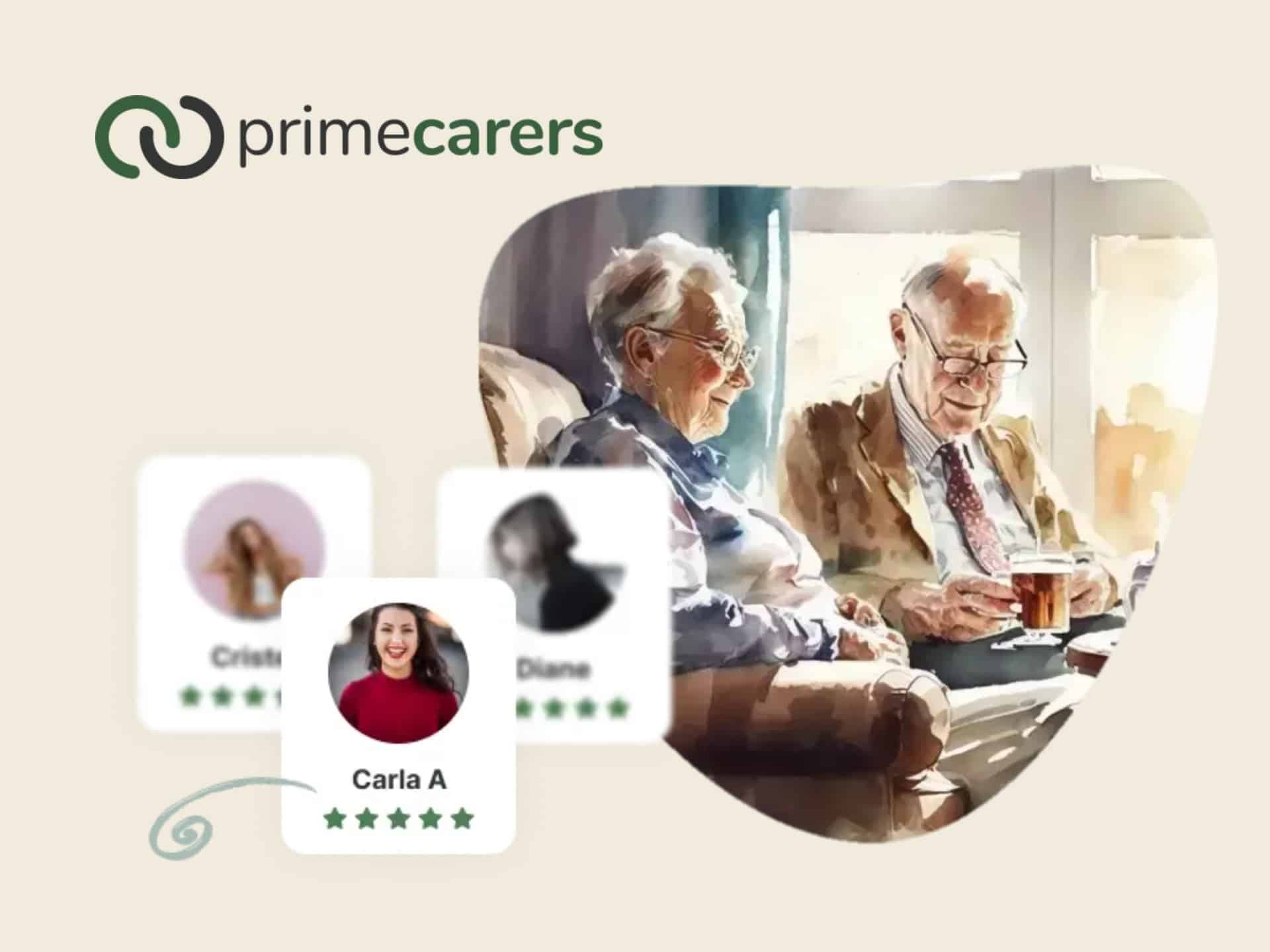 PrimeCarers Promo Code PrimeCarers cover image featuring a senior smiling with a carer, showcasing home care and elderly care services.