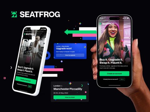 Seatfrog app interface showcasing train upgrade offers. Save money on first class tickets and travel in comfort. Book your next journey with Seatfrog.