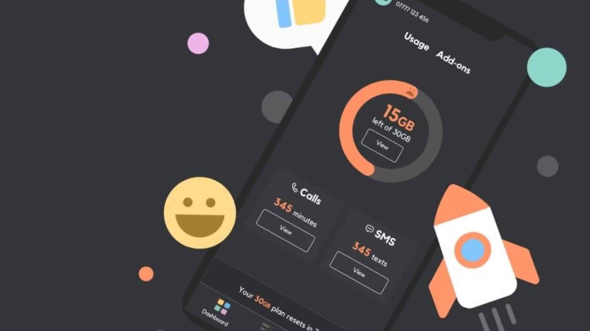 Smartphone screen displaying the SMARTY Mobile app interface showing data usage, call minutes, and SMS balance.