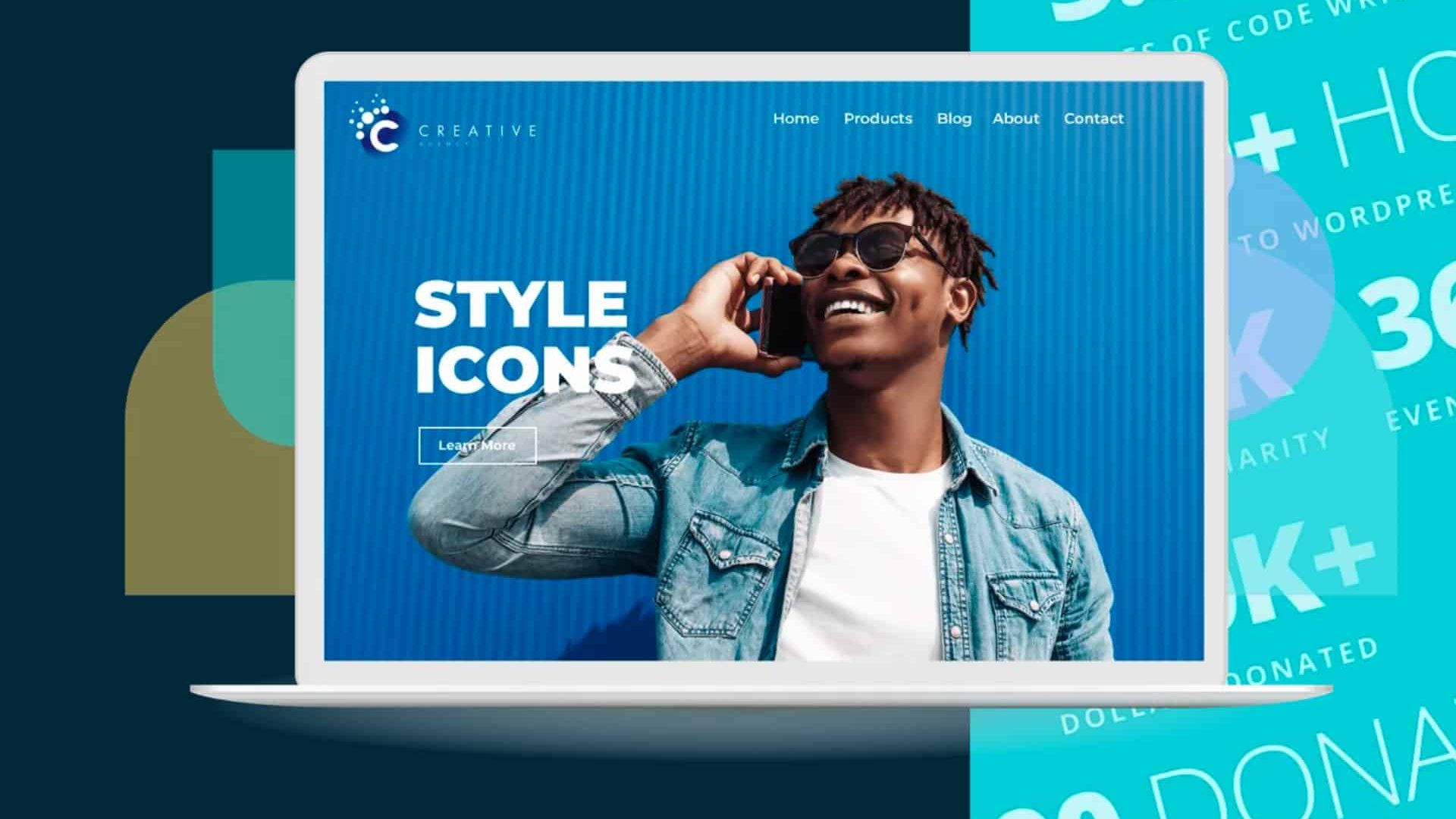 A laptop screen displaying a modern creative agency website featuring a smiling man in a denim jacket.