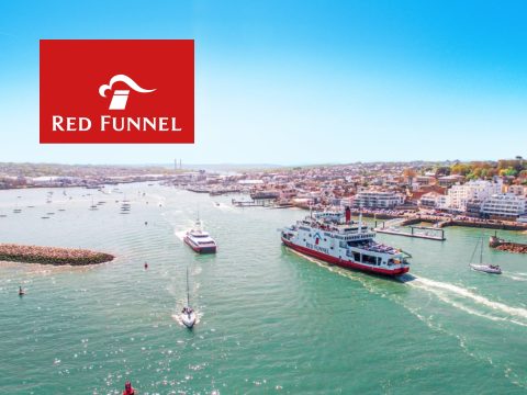 Red Funnel Red Funnel ferry sailing across the Solent, transporting passengers and vehicles. Portsmouth to Isle of Wight ferry service.