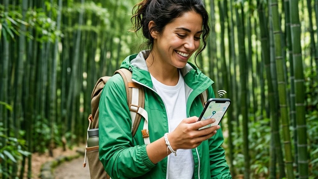 A smiling traveller using a smartphone for navigation while walking through a lush bamboo forest.