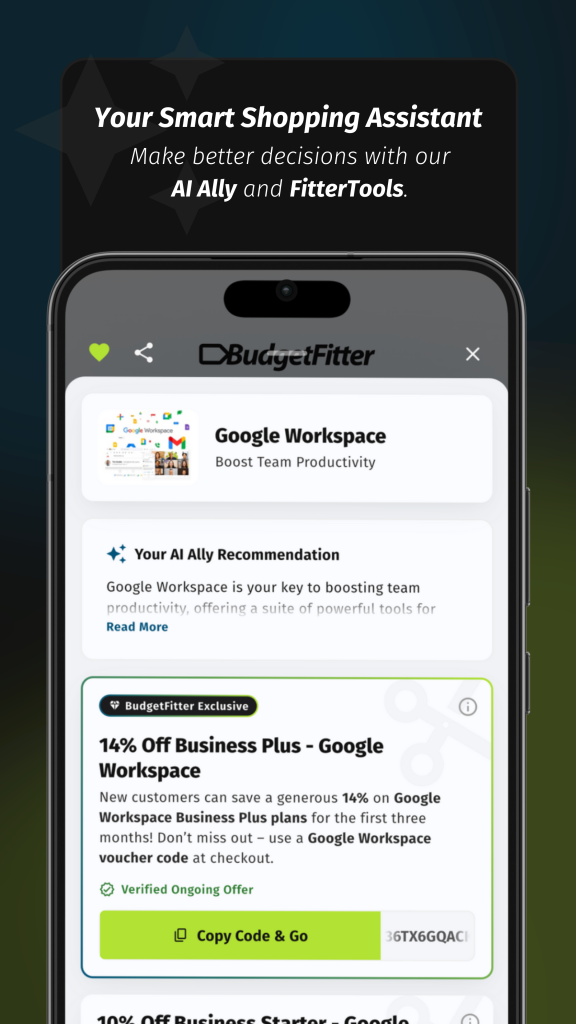 BudgetFitter app showing a user's financial dashboard with expense tracking, savings goals, and budget planning features. Track spending and manage finances.
