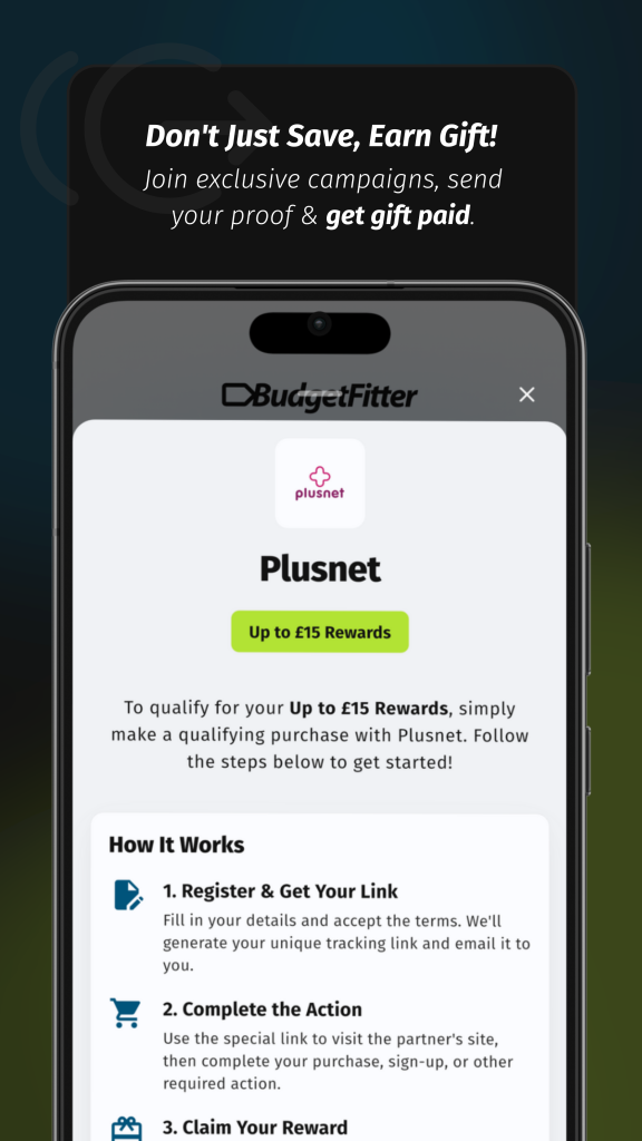 BudgetFitter app on a phone showing financial planning and budgeting features. Track expenses, set goals, and save money.
