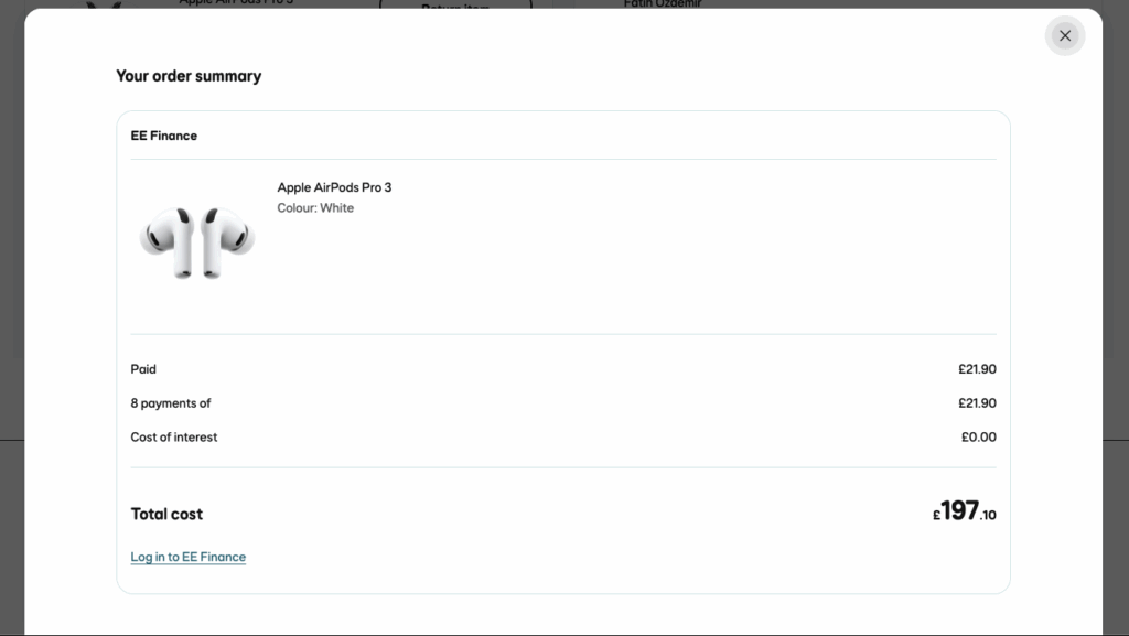 EE Deal: 10% Off AirPods Pro 3 & Audio - £197 - Screenshot showing AirPods Pro 3 purchased for £197.10 on EE using the 10% off discount code.