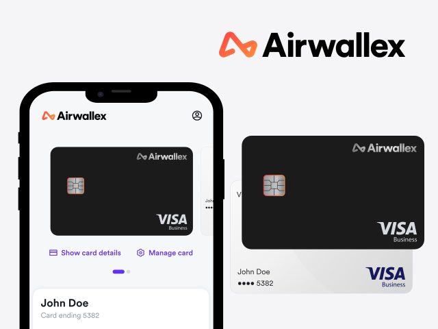 Airwallex platform interface showcasing global payments, currency exchange, and financial management tools for businesses.