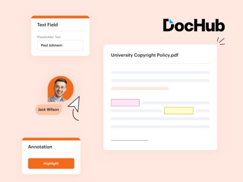 DocHub branding on a clean background. Professional document management software. Efficient collaboration and secure storage.