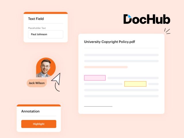 DocHub branding on a clean background. Professional document management software. Efficient collaboration and secure storage.