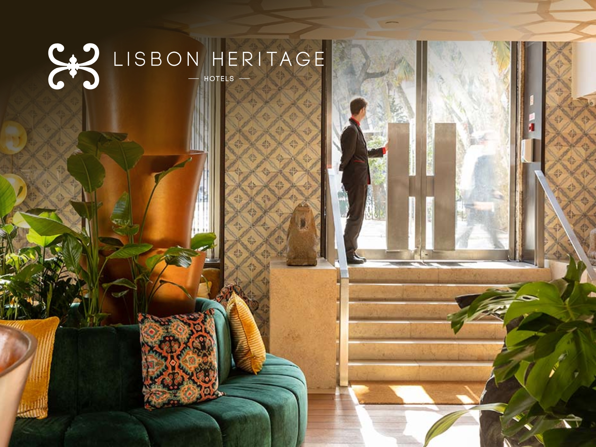 Lisbon Heritage brand logo on a textured background. Portugal travel, heritage tourism, brand identity, logo design.