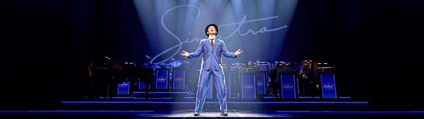 Sinatra The Musical stage production widescreen banner featuring Matt Doyle and big band orchestra