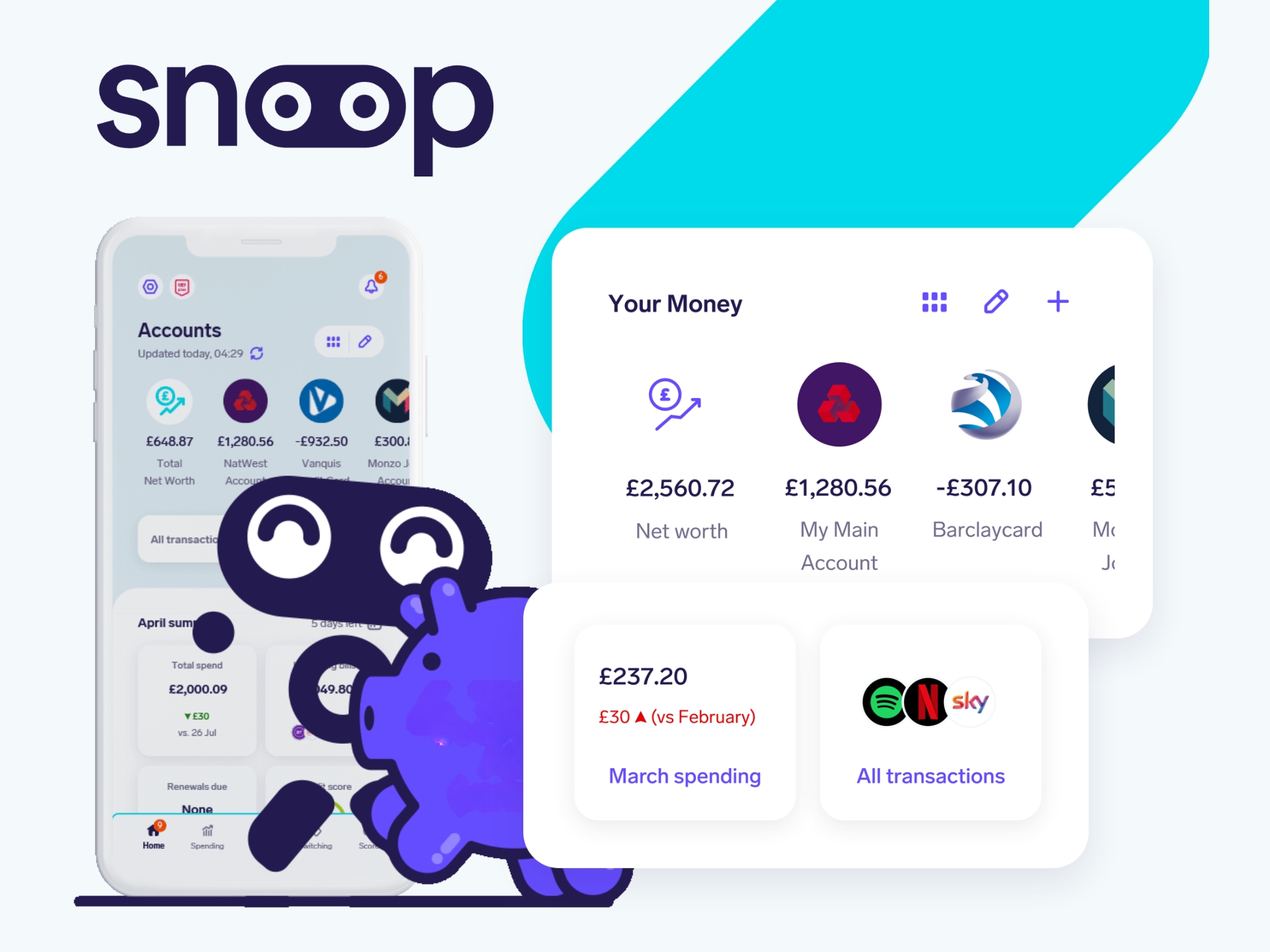 Snoop Deals & Offers Snoop app cover: Track spending, find deals, and save money on bills. Easy budgeting and financial management for a smarter you.