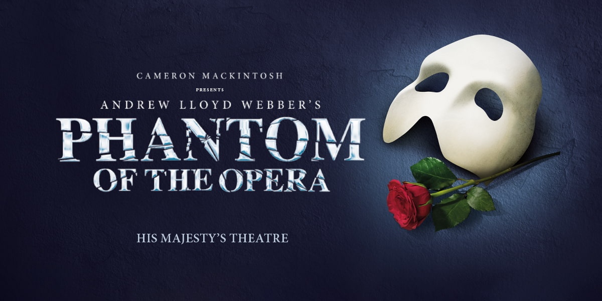 The Phantom of the Opera iconic mask and red rose at His Majesty's Theatre London