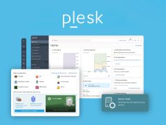 Plesk web hosting control panel logo on a brand cover for server management and automation software.