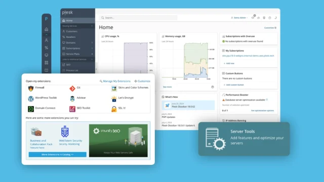 Plesk web hosting control panel interface displayed on a modern laptop screen for server management and site organisation.