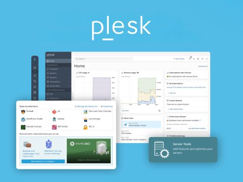Plesk web hosting control panel logo on a brand cover for server management and automation software.