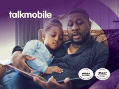 Talkmobile logo on pink background with the text: Mobile phone deals you can count on.