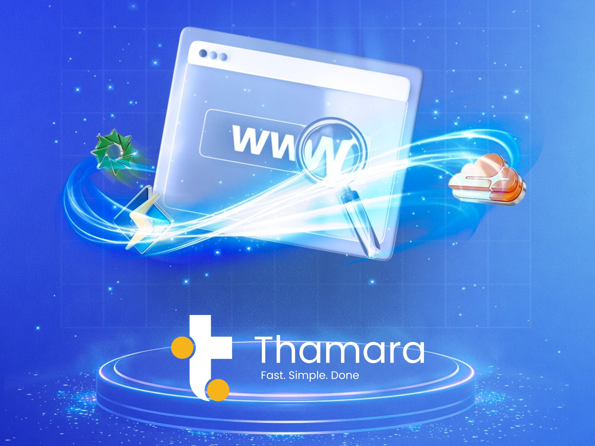 Thamara professional web hosting services cover image featuring reliable and secure cloud server solutions.