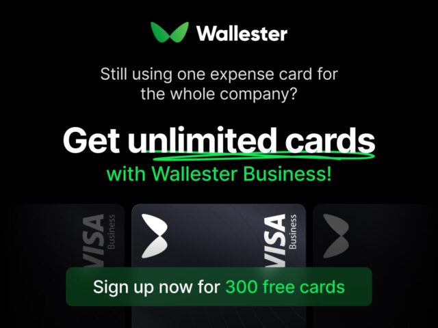 Wallester corporate credit card and mobile app interface for business expense management.
