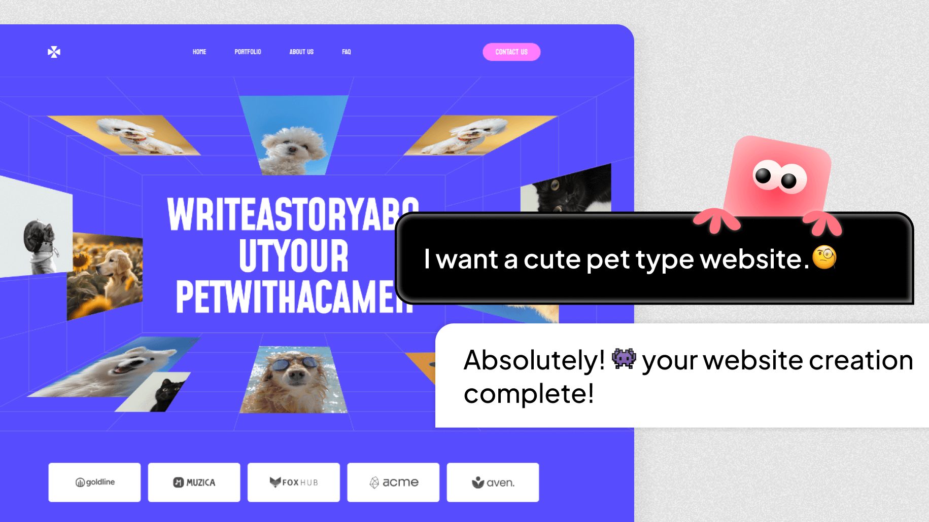 Wegic AI interface showing a conversational website builder creating a pet-themed site with animal imagery.