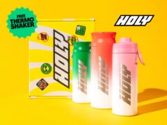 Vibrant HOLY UK energy and hydration drink tubs and shaker featuring various refreshing, sugar-free fruit flavours.