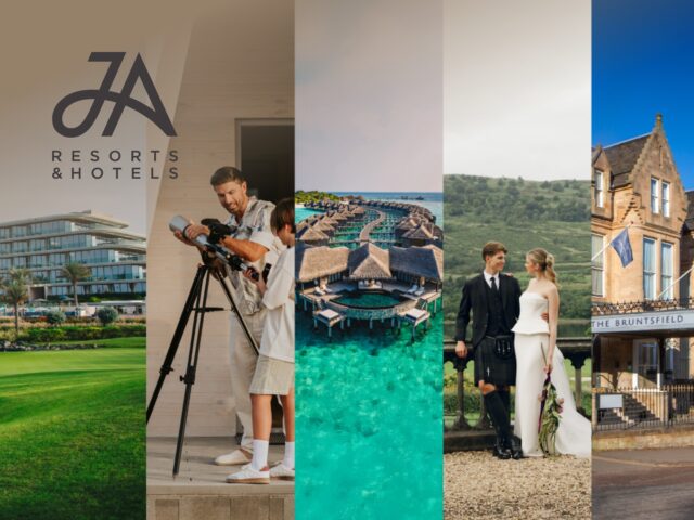 JA Resorts & Hotels Scenic view of a JA Resorts & Hotels luxury holiday property with palm trees and a swimming pool.