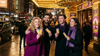 London Theatre Direct branding featuring a vibrant West End stage scene for theatre ticket deals and show savings.