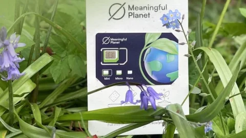 Meaningful Planet mobile phone displaying eco-friendly shopping deals and sustainable savings on a bright screen.