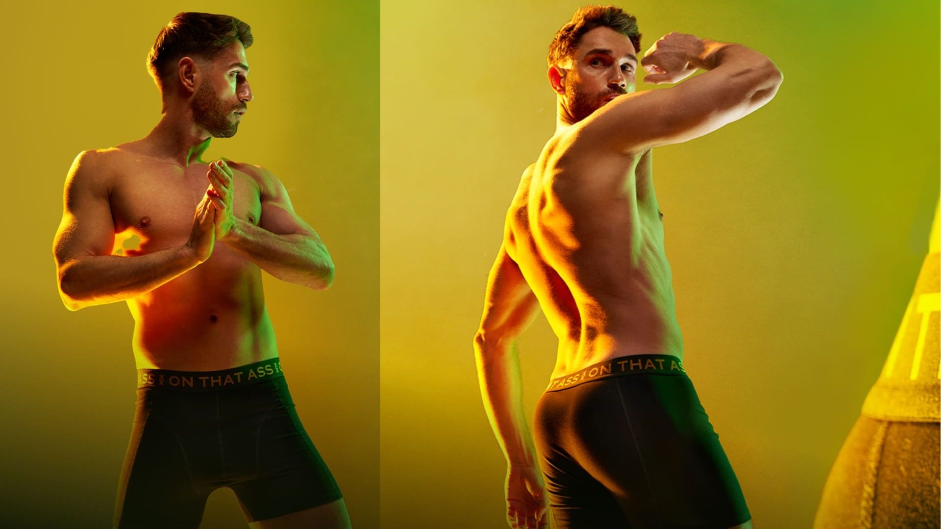 Model wearing black ON THAT ASS fitted boxer briefs in studio lighting