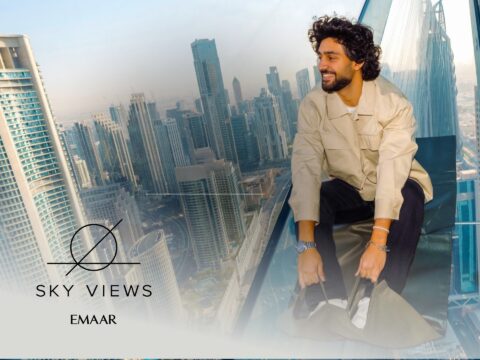 Stunning view of Burj Khalifa and Downtown Dubai skyline from Sky Views Dubai observatory by Emaar.