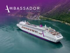 Ambassador Cruise Line ship sailing at sea, offering premium British cruise holidays and travel deals.