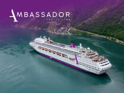 Ambassador Cruise Line ship sailing at sea, offering premium British cruise holidays and travel deals.