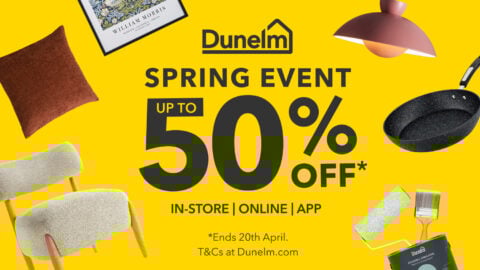 Dunelm Easter sale banner for the 2026 Spring Event featuring up to 50% off thousands of home furnishings.