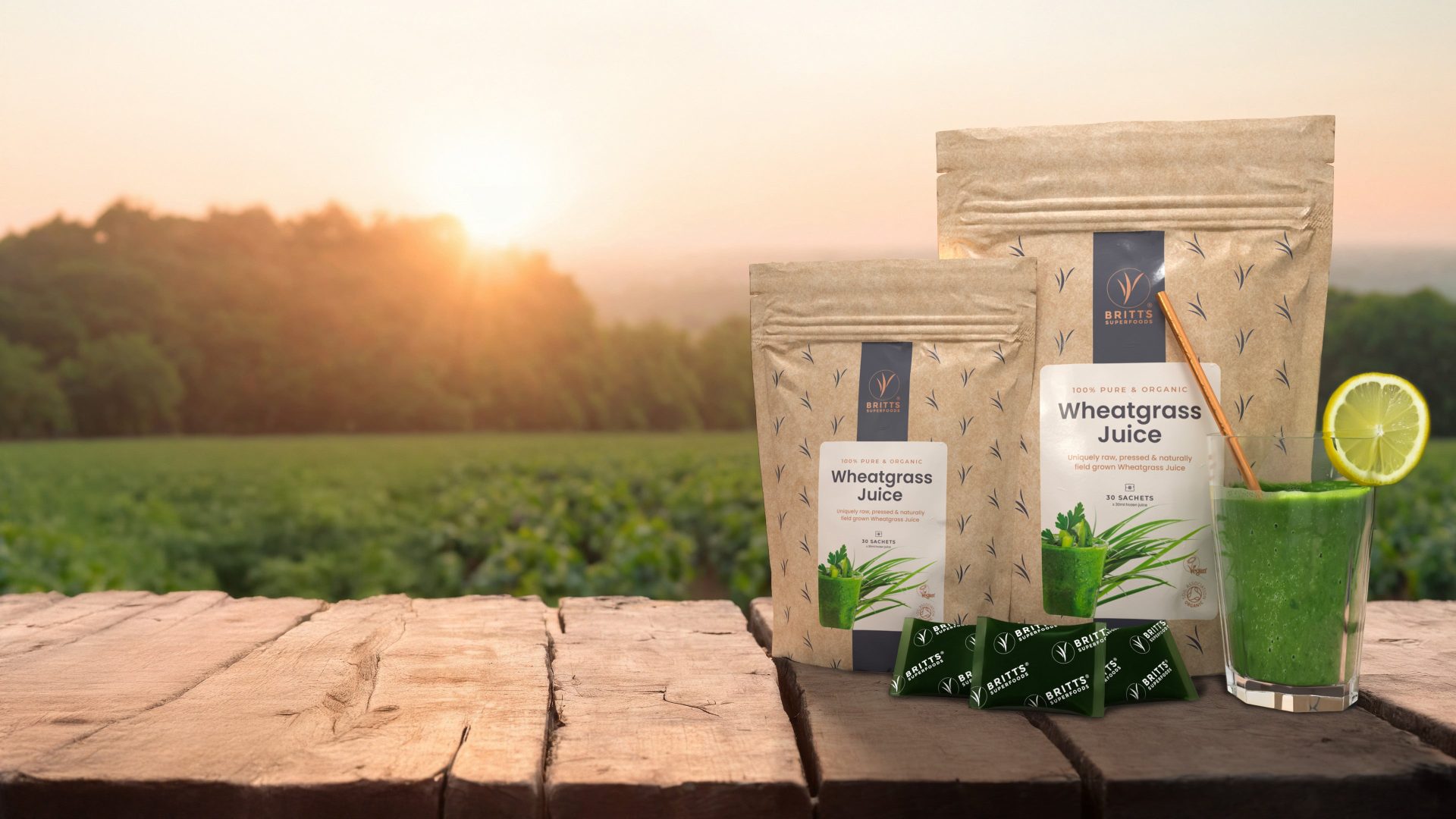 Britt's Superfoods organic wheatgrass and health supplement range displayed on a clean, professional kitchen surface.
