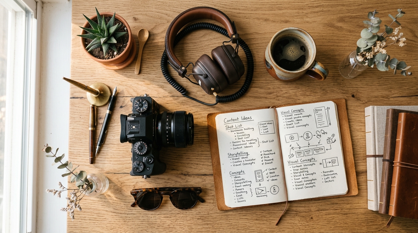 Flatlay workspace with concept storyboard notebook, camera, studio headphones, and coffee